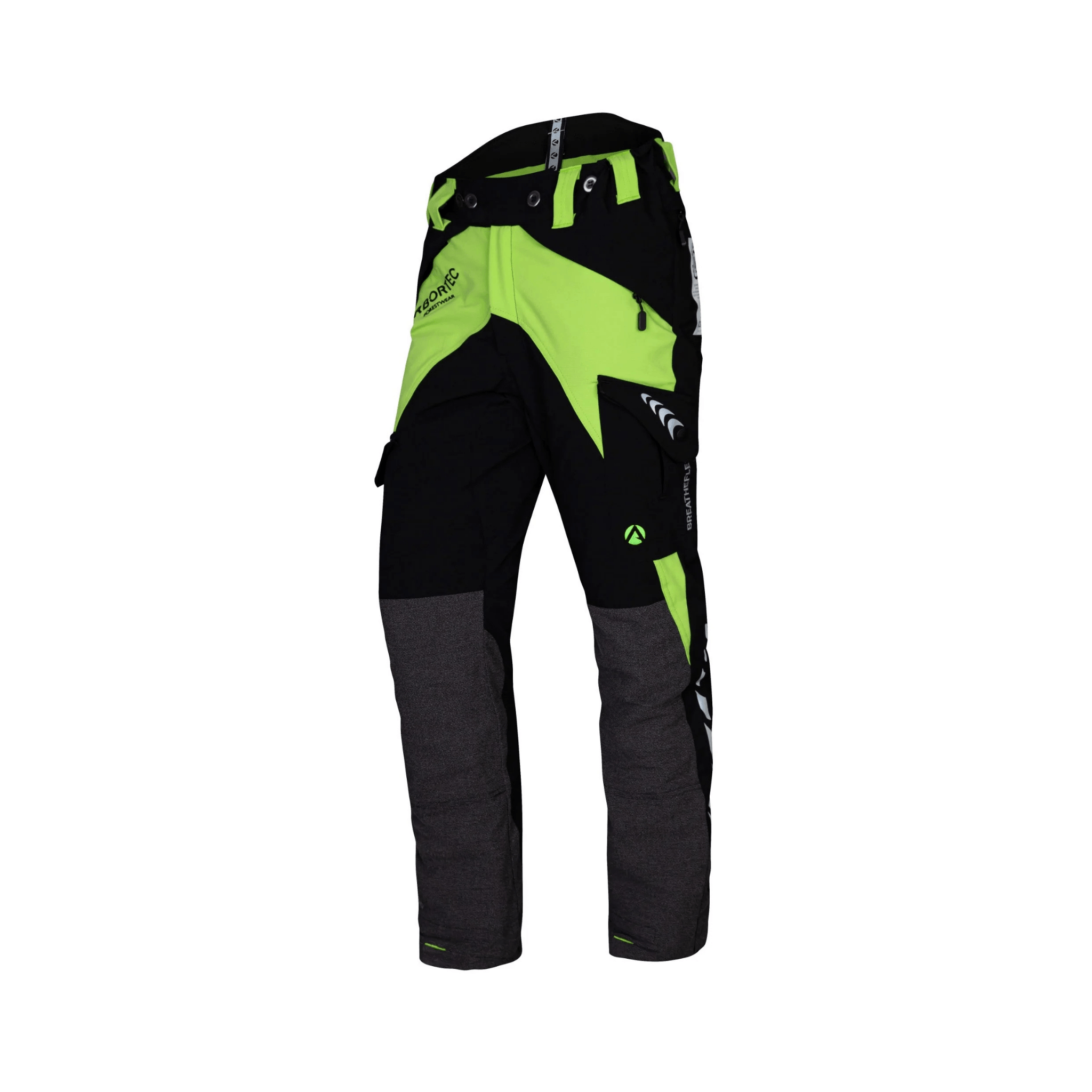 Breatheflex Chainsaw Trousers Type A Womens in black and lime green, designed for female arborists with protection and mobility.