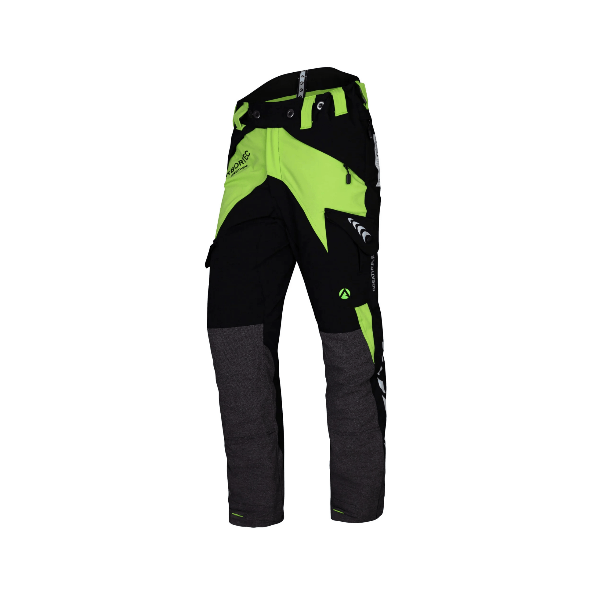 Breatheflex Chainsaw Trousers Type C in black and green with reinforced protection for arborists.