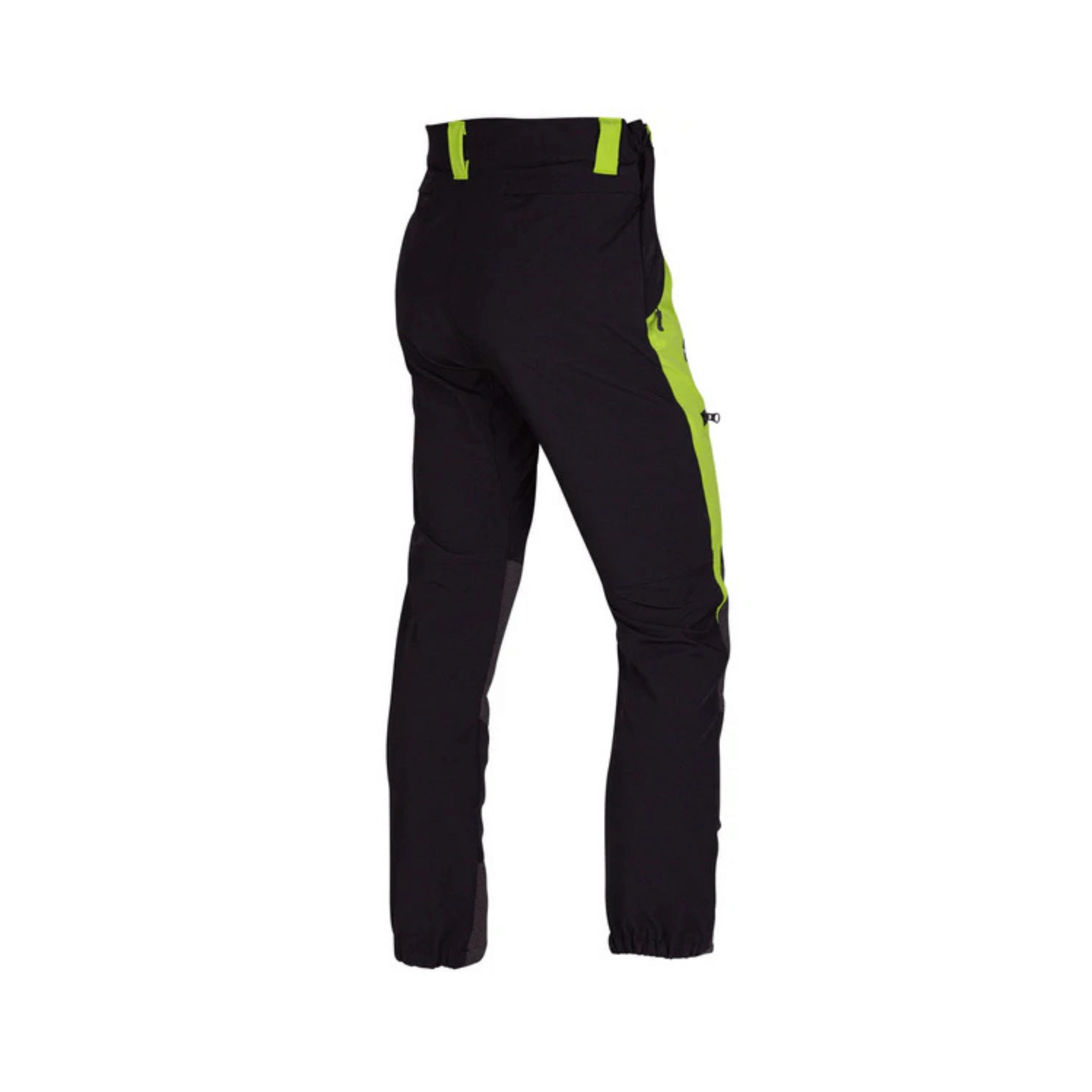 Back view of Breatheflex Arborist Non-Protective Climbing Trousers in black with bright green accents, designed for tree surgeons.