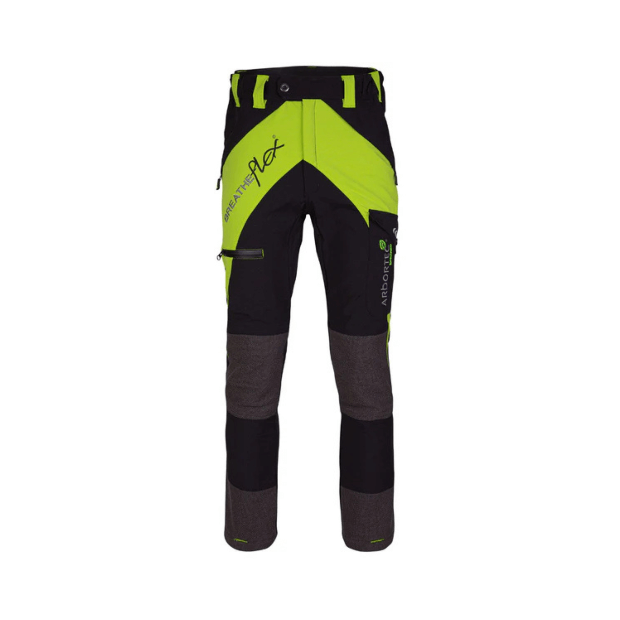Breatheflex Arborist Non-Protective Climbing Trousers in black and neon green for tree surgeons.