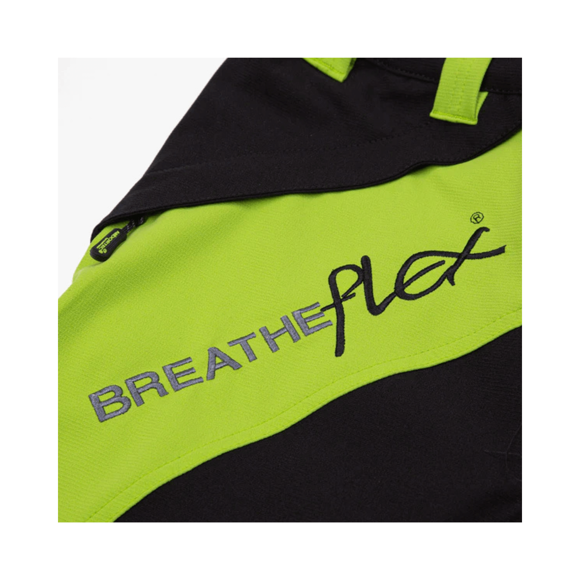 Close-up of Breatheflex logo on arborist climbing trousers, showcasing durability and agility for tree surgeons.