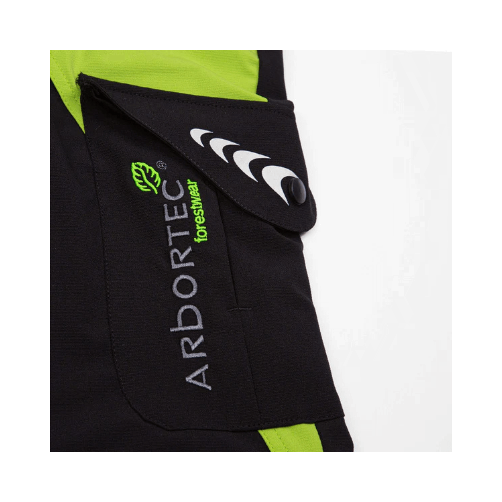 Close-up of Arbortec Breatheflex climbing trousers featuring logo and design details for tree surgeons.