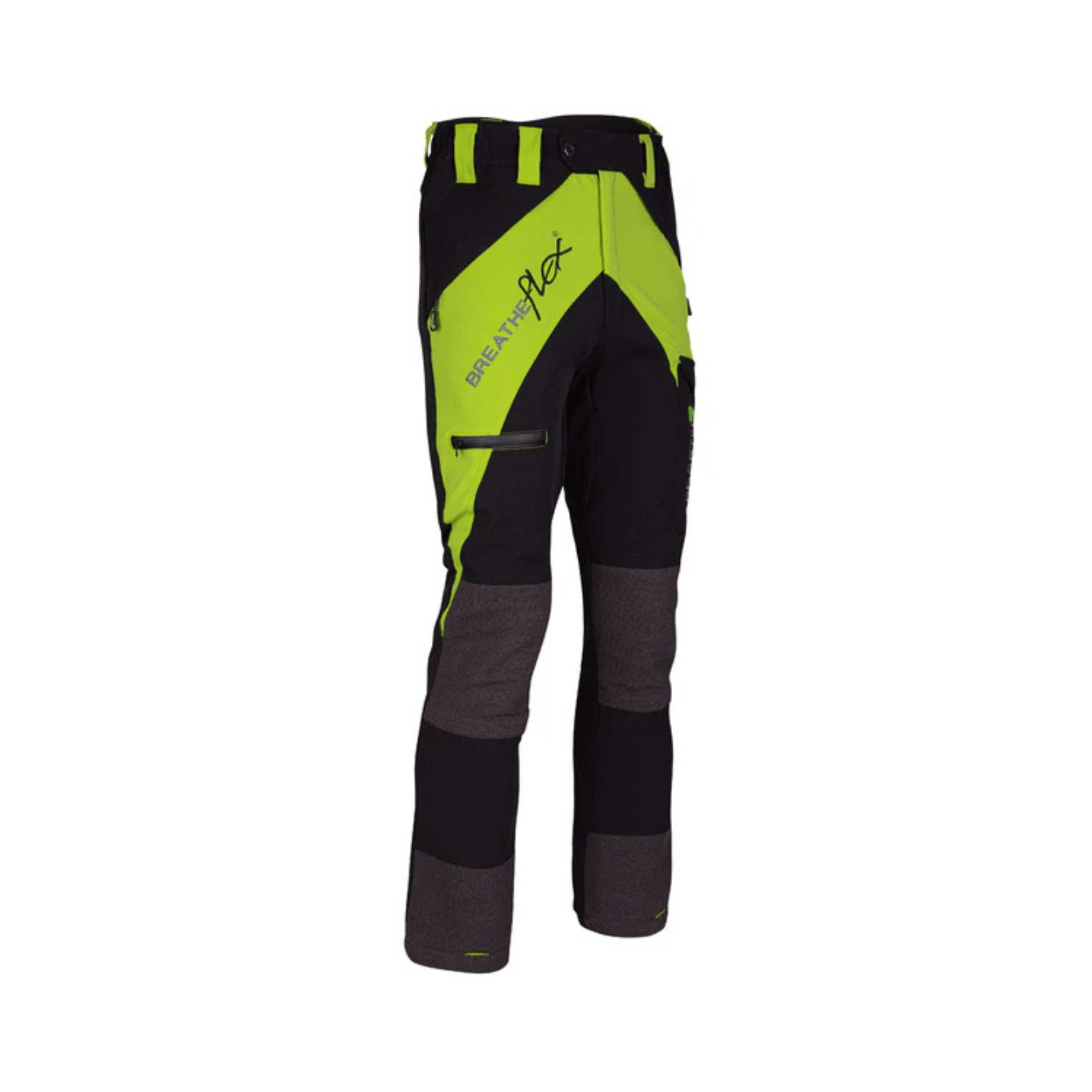 Breatheflex Non-Protective Climbing Trousers for tree surgeons, featuring a sleek design in black and fluorescent green.