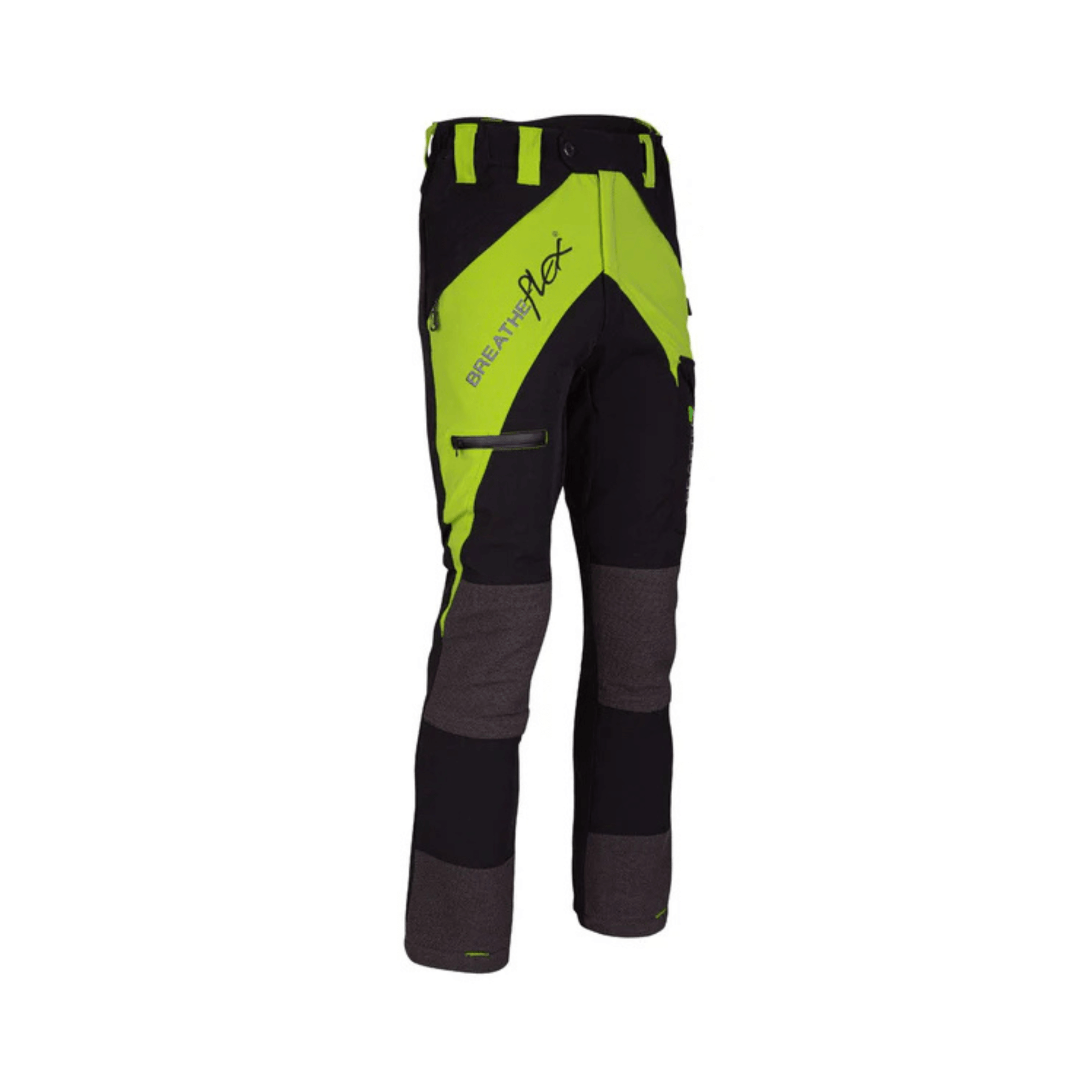 Breatheflex Non-Protective Climbing Trousers for tree surgeons, featuring a sleek design in black and fluorescent green.