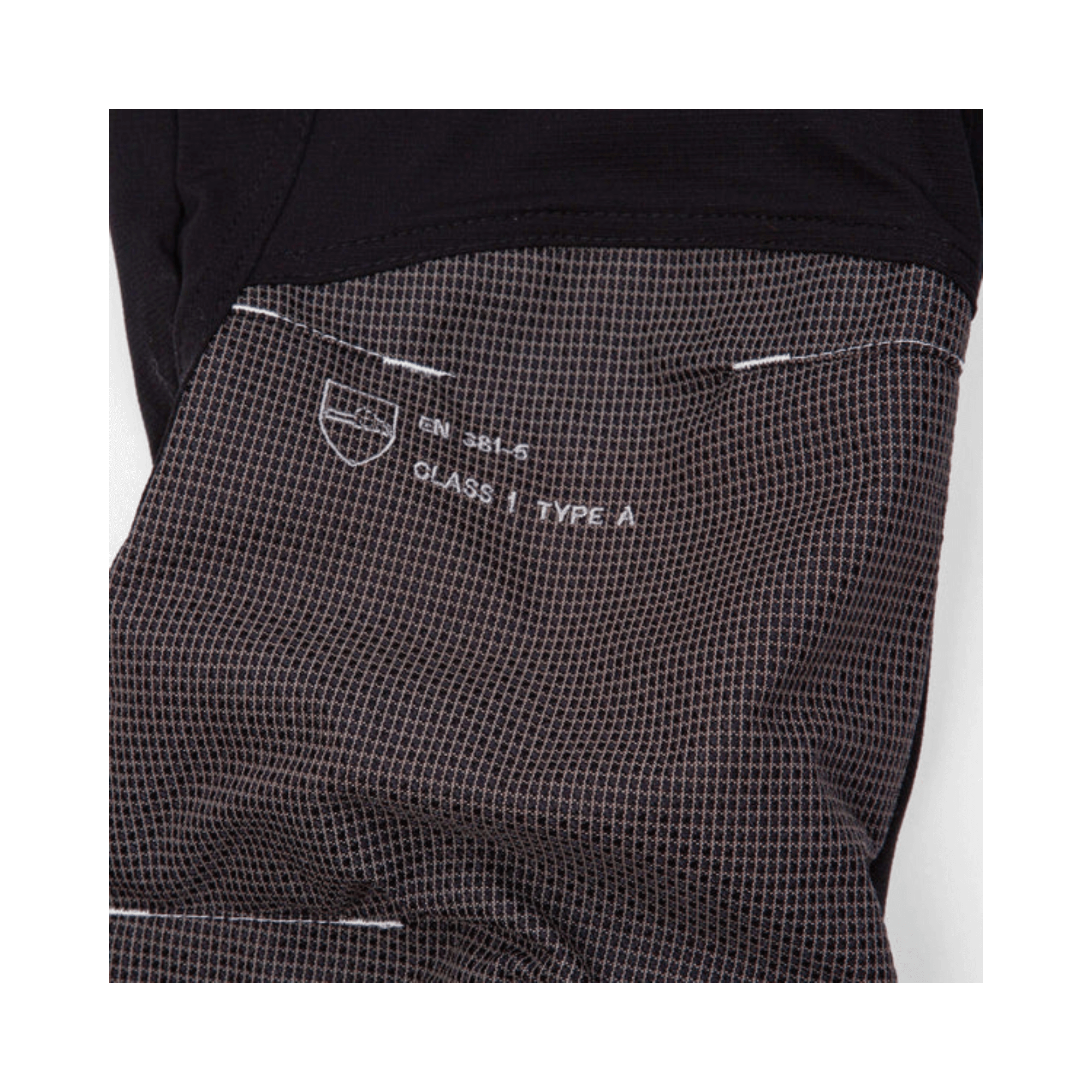 Breatheflex Pro Chainsaw Trousers Black Type C fabric detail showing Class 1 safety specifications for arborists.