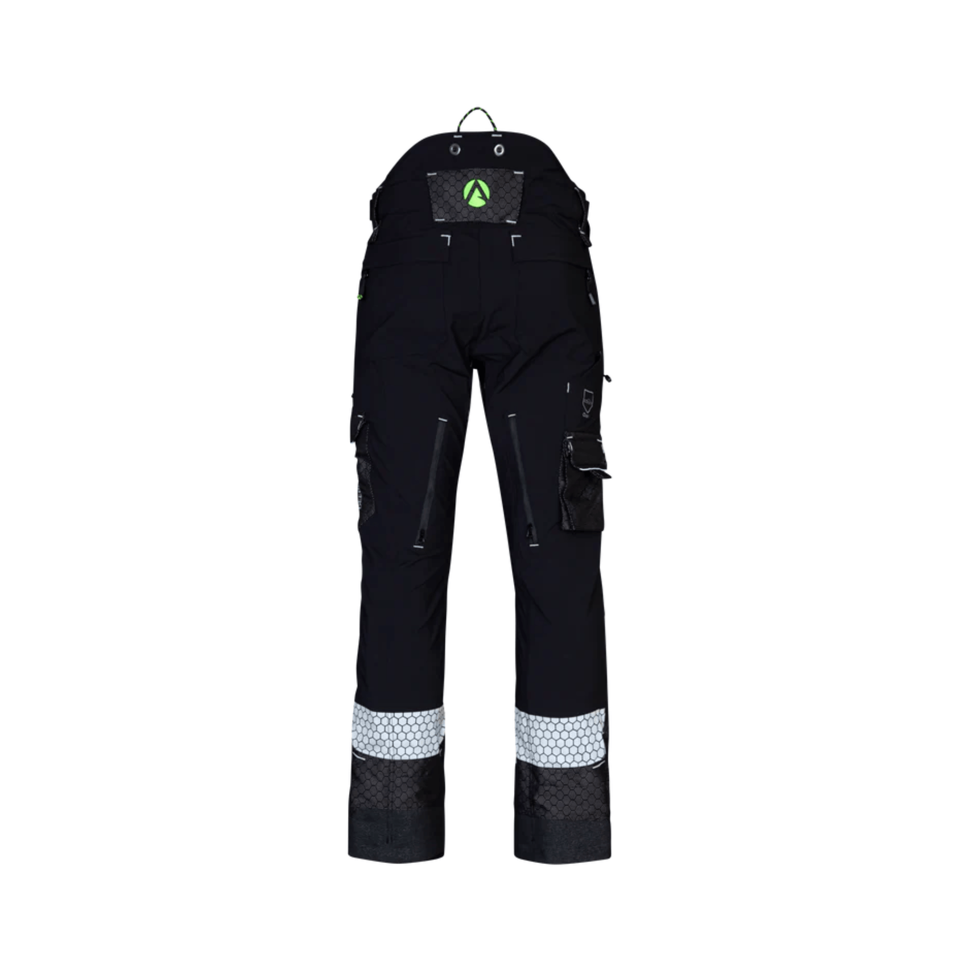Back view of Deep Forest Chainsaw Trousers Type A designed for tree surgeons, showcasing durability and protective features.