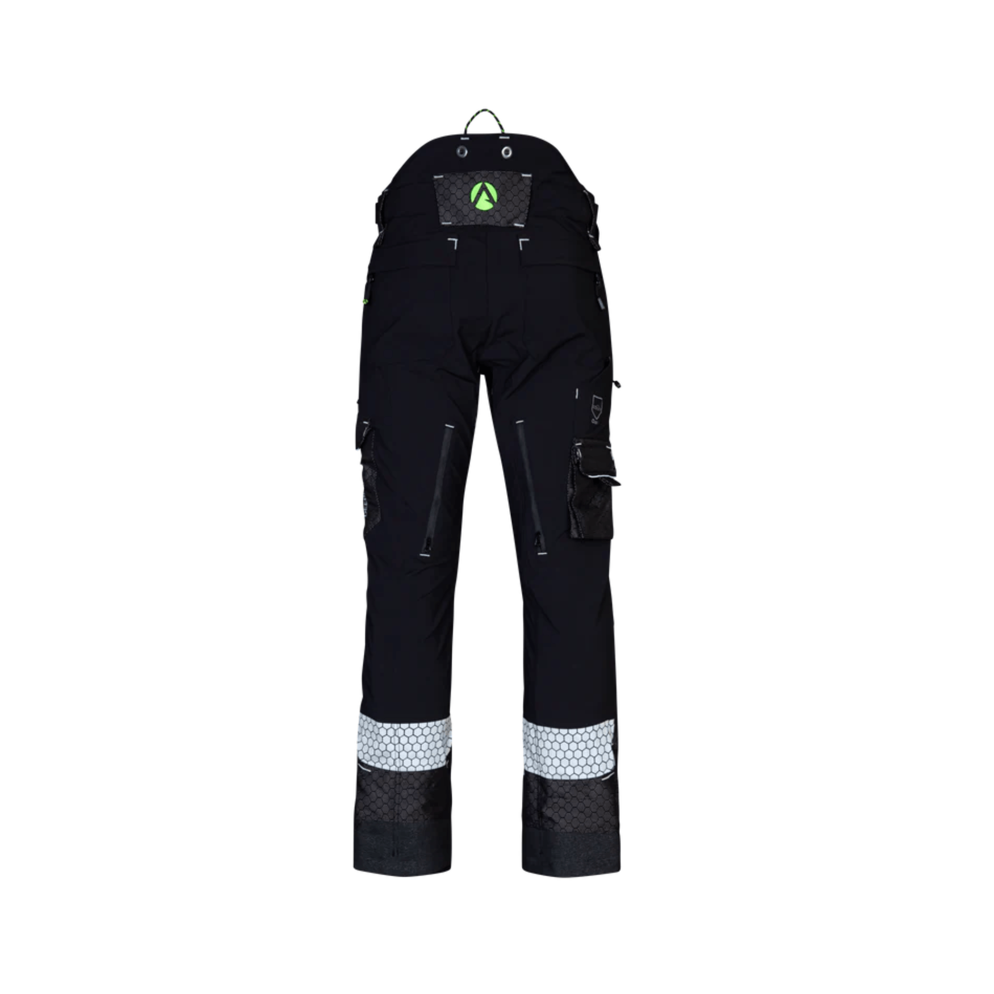 Back view of Deep Forest Chainsaw Trousers Type A designed for tree surgeons, showcasing durability and protective features.