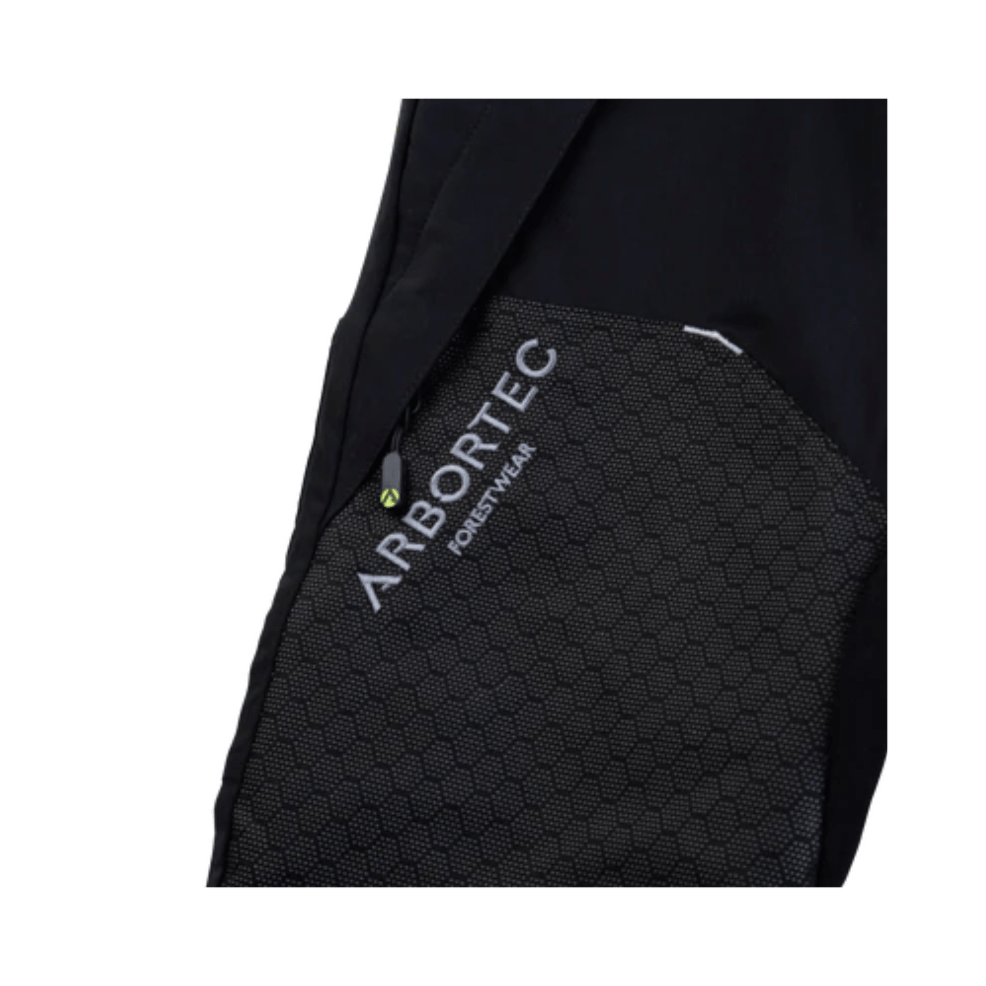 Detail of Arbortec branding on Deep Forest Chainsaw Trousers Type A, showcasing durable and flexible fabric for tree surgeons.