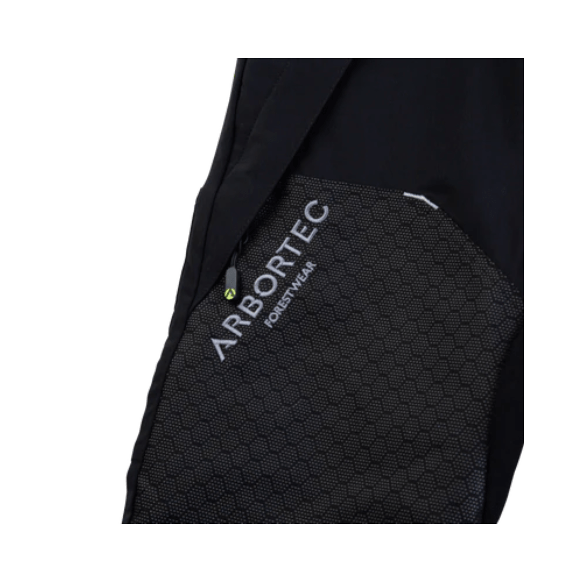 Detail of Arbortec branding on Deep Forest Chainsaw Trousers Type A, showcasing durable and flexible fabric for tree surgeons.