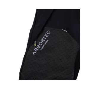 Detail of Arbortec branding on Deep Forest Chainsaw Trousers Type A, showcasing durable and flexible fabric for tree surgeons.