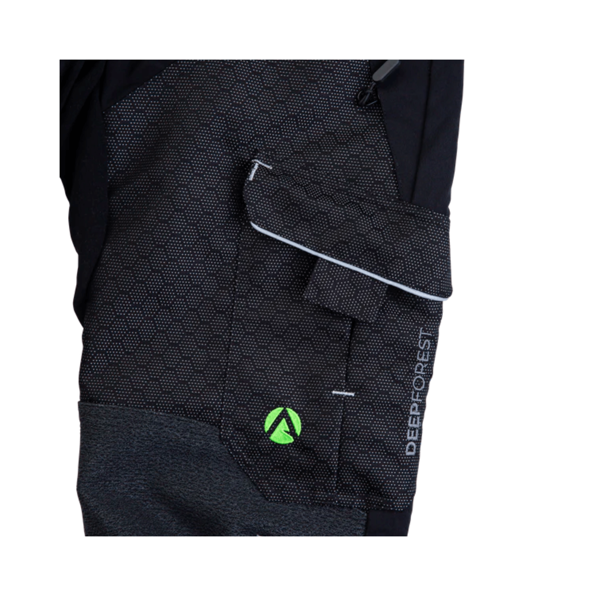 Close-up of Deep Forest Chainsaw Trousers Type A showcasing the unique fabric and pocket design for tree surgeons.