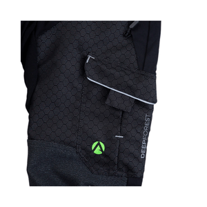 Close-up of Deep Forest Chainsaw Trousers Type A showcasing the unique fabric and pocket design for tree surgeons.