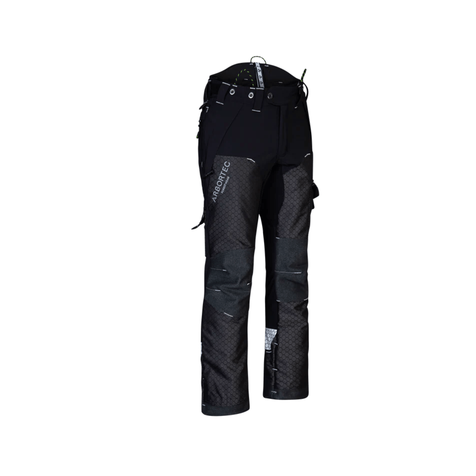 Deep Forest Chainsaw Trousers Type A for tree surgeons, featuring durable polyamide and spandex fabric for comfort.