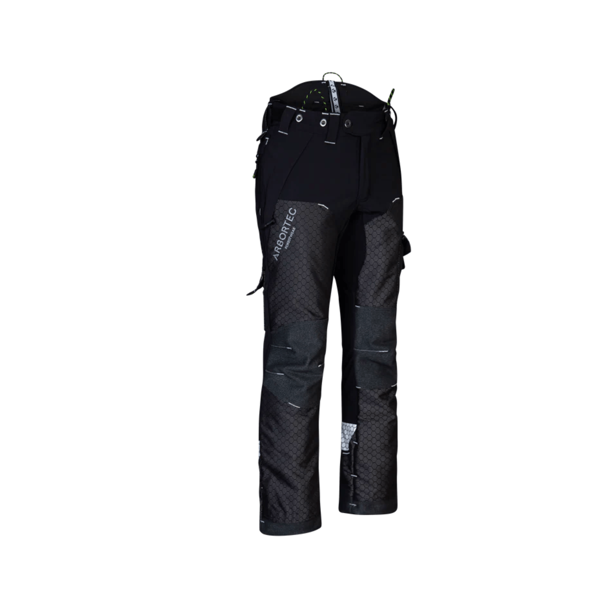 Deep Forest Chainsaw Trousers Type A for tree surgeons, featuring durable polyamide and spandex fabric for comfort.