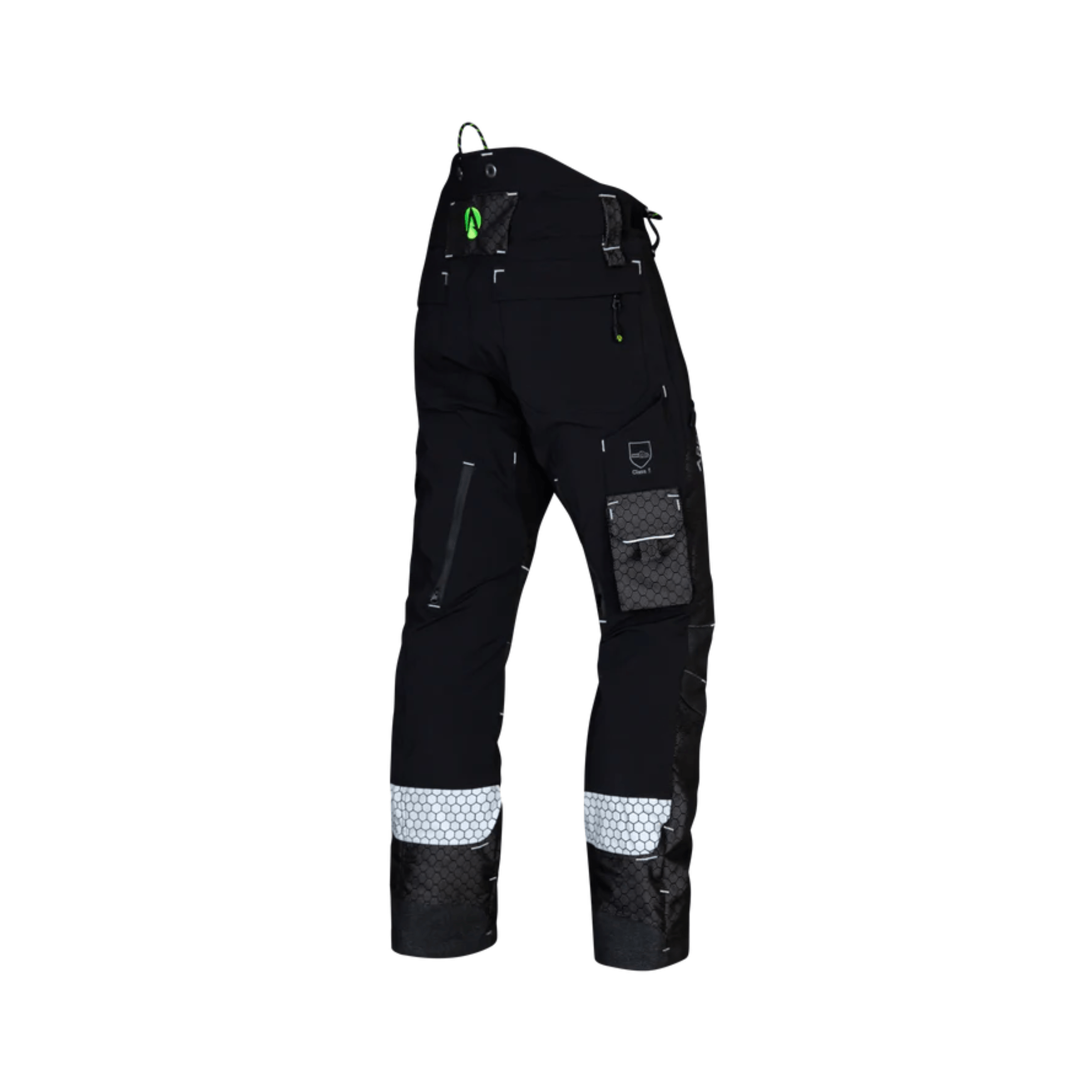 Deep Forest Chainsaw Trousers Type A in black with reflective accents and pockets, designed for tree surgeons.