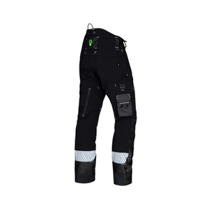 Deep Forest Chainsaw Trousers Type A in black with reflective accents and pockets, designed for tree surgeons.