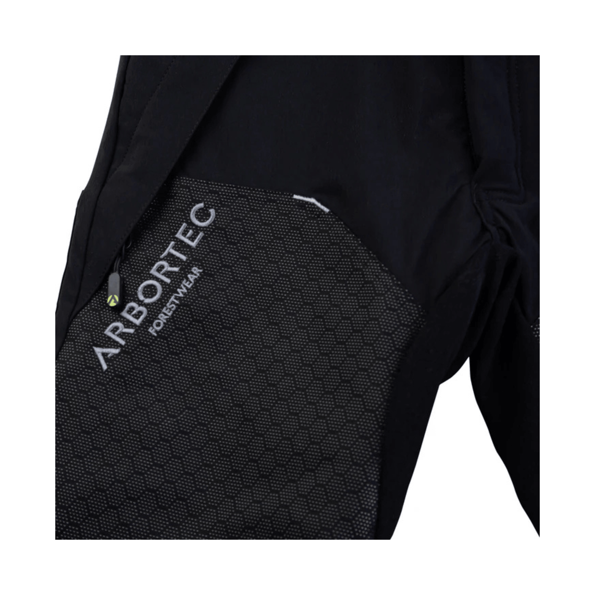Close-up of Arbortec logo on Deep Forest Chainsaw Trousers Type C, designed for tree surgeons and forestry workers.