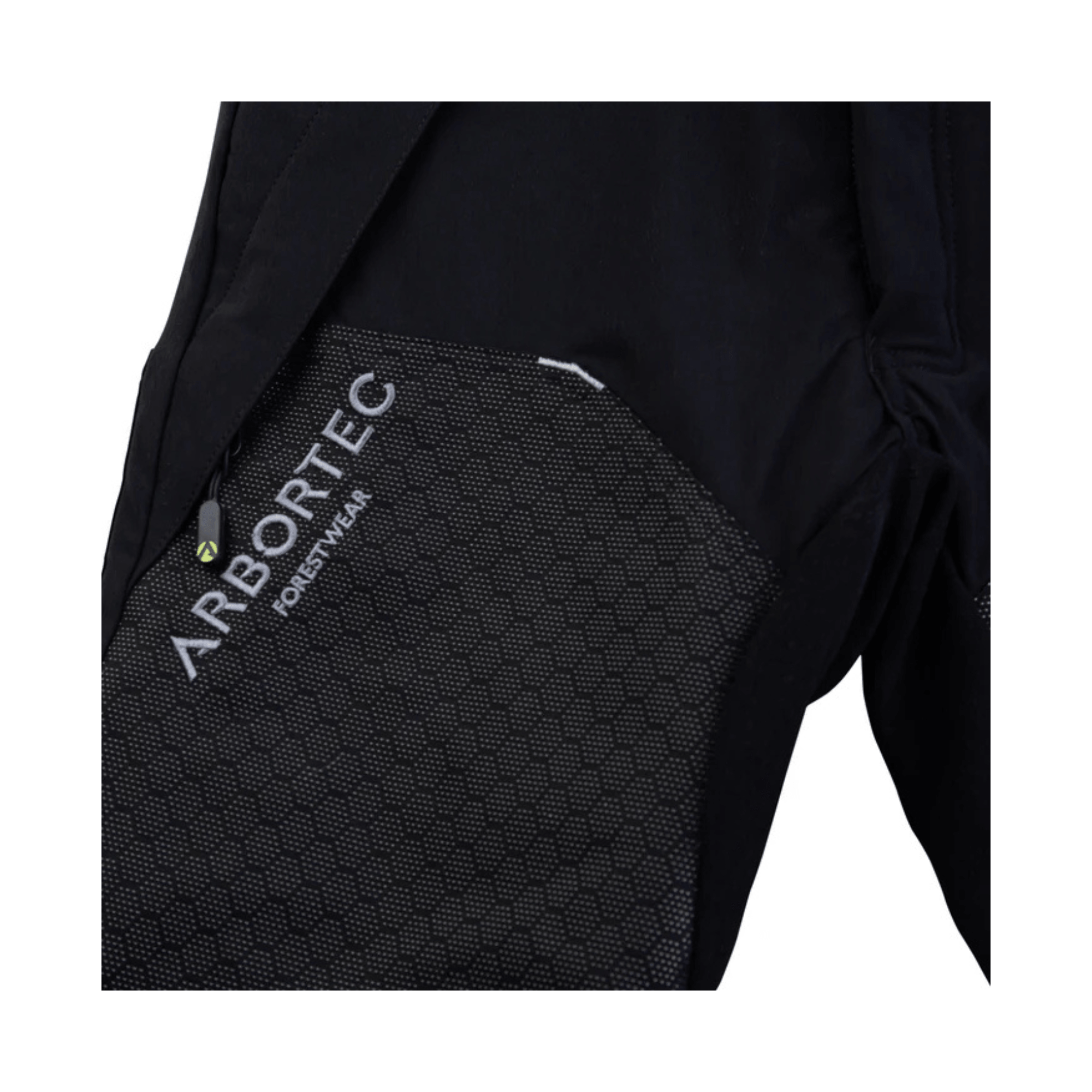 Close-up of Arbortec logo on Deep Forest Chainsaw Trousers Type C, designed for tree surgeons and forestry workers.