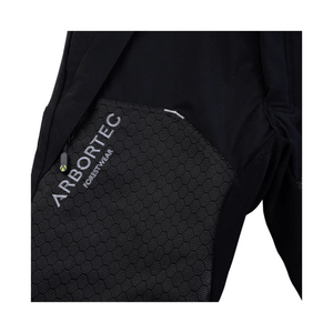 Close-up of Arbortec logo on Deep Forest Chainsaw Trousers Type C, designed for tree surgeons and forestry workers.