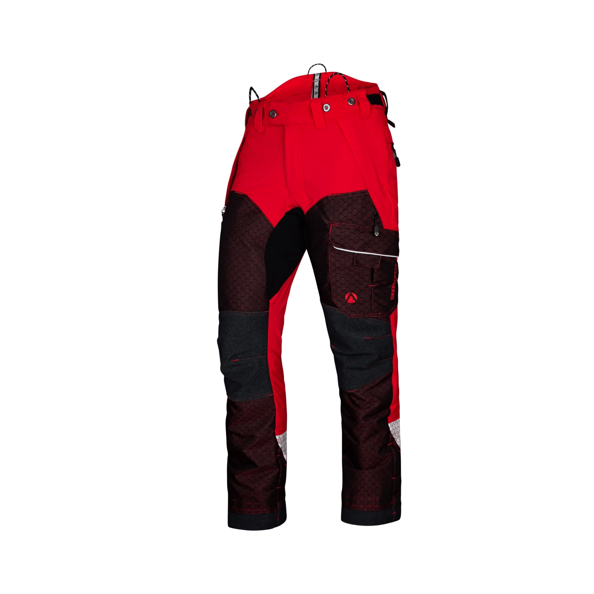 Deep Forest Chainsaw Trousers Type C in vibrant red with protective features for arborists and forestry workers.