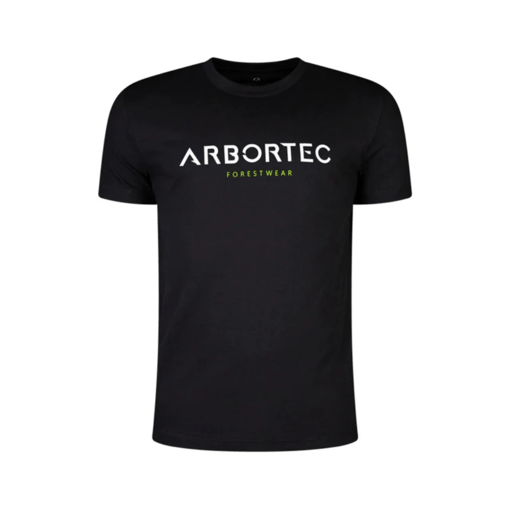 A black crew neck Arbortec t-shirt with short sleeves and the brand name 'ARBORTEC FOREstryewear' printed across the chest.