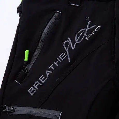 Close-up of Breatheflex Pro logo on black chainsaw trousers designed for tree surgeons for enhanced safety and flexibility.