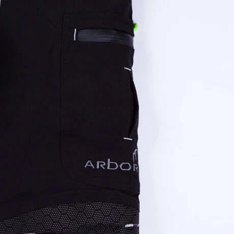 Close-up of Arbortec Breatheflex Pro Freestyle Chainsaw Trousers showcasing pocket detail and logo, perfect for tree surgeons.