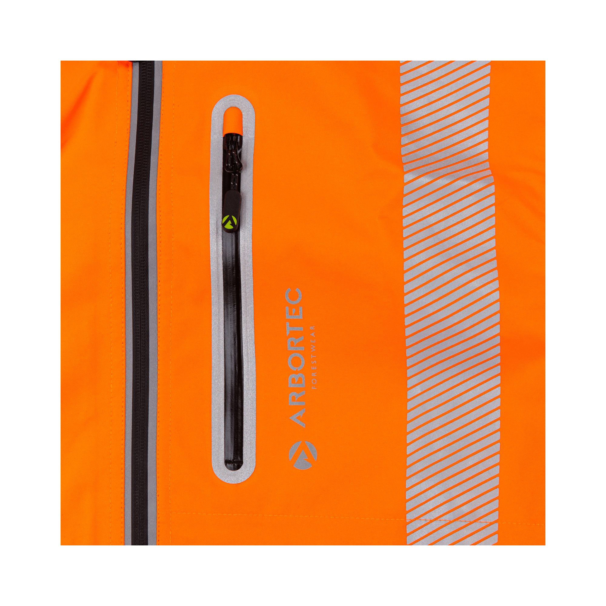 Full Zip Waterproof Womens Work Jacket Hi-Vis Orange close-up showing zipper and logo details.