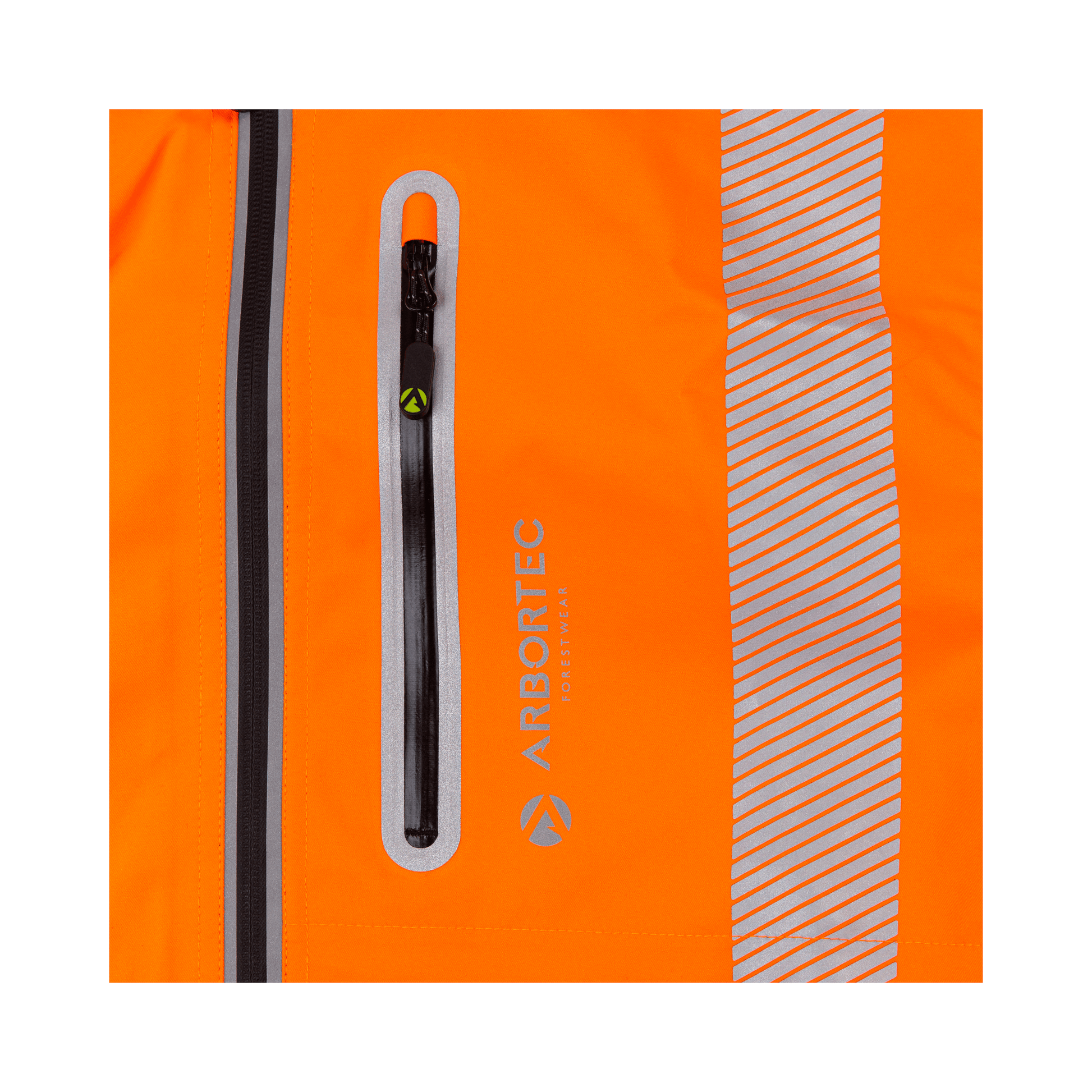 Full Zip Waterproof Womens Work Jacket Hi-Vis Orange close-up showing zipper and logo details.