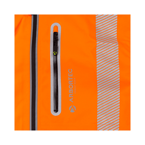 Full Zip Waterproof Womens Work Jacket Hi-Vis Orange close-up showing zipper and logo details.