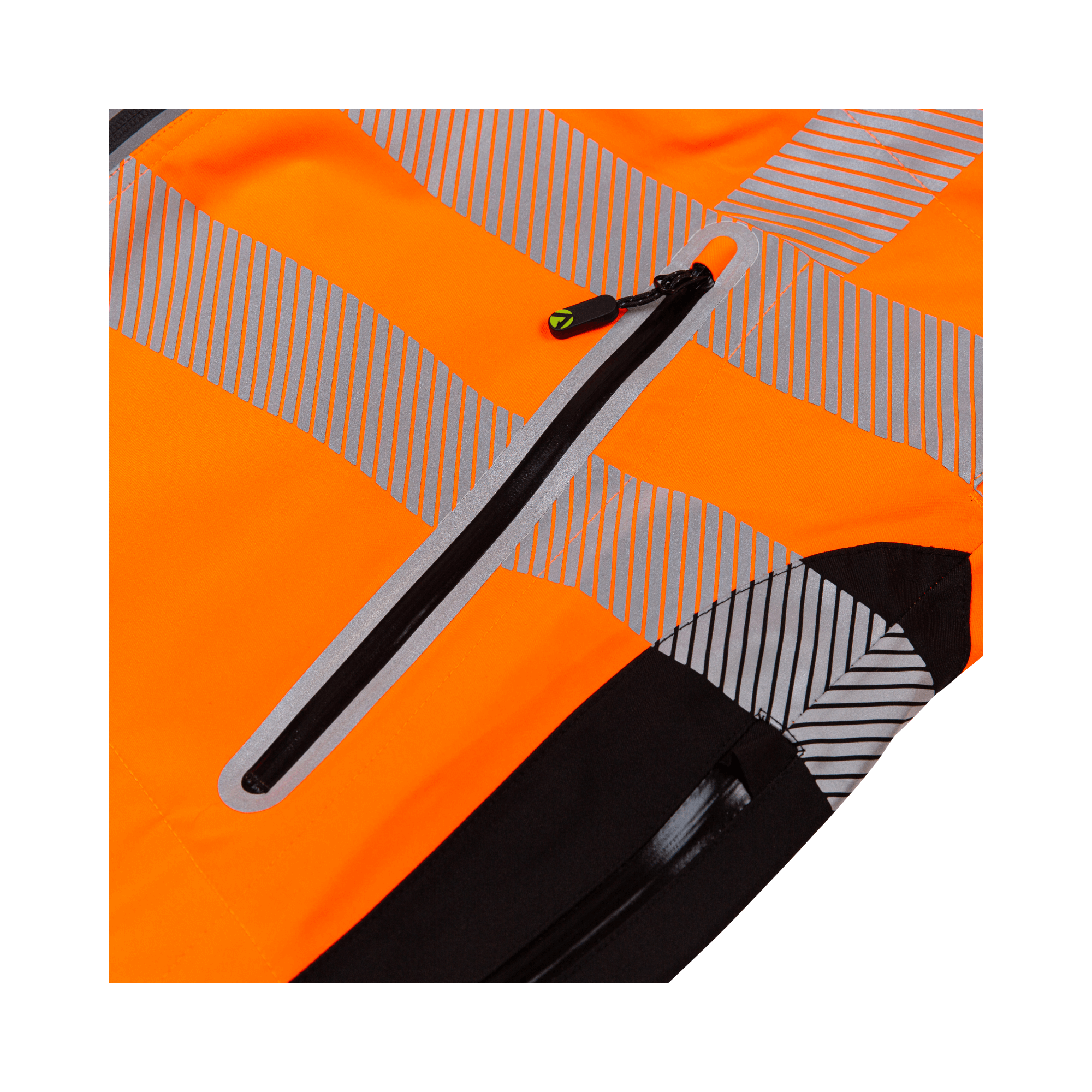 Full Zip Waterproof Womens Work Jacket Hi-Vis Orange close-up of zipper detail and reflective stripes