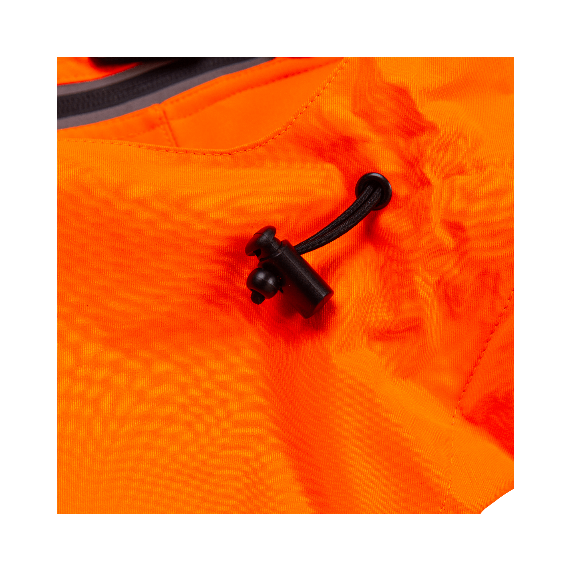 Detail of Full Zip Waterproof Womens Work Jacket Hi-Vis Orange featuring adjustable drawcord and vibrant orange fabric.