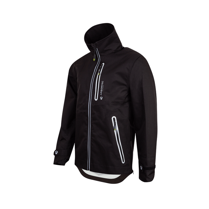 Full Zip Waterproof Work Jacket Black, high-performance waterproof jacket for arborists and outdoor professionals.
