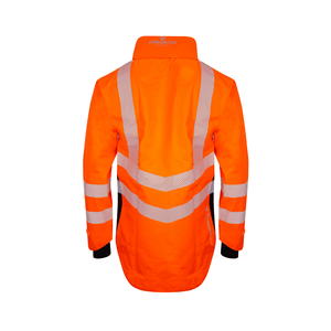 Full Zip Waterproof Work Jacket Hi-Vis Orange with reflective stripes on the back for safety and visibility.