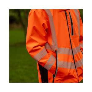 Full Zip Waterproof Work Jacket Hi-Vis Orange in action outdoors, showcasing vibrant color and reflective stripes.
