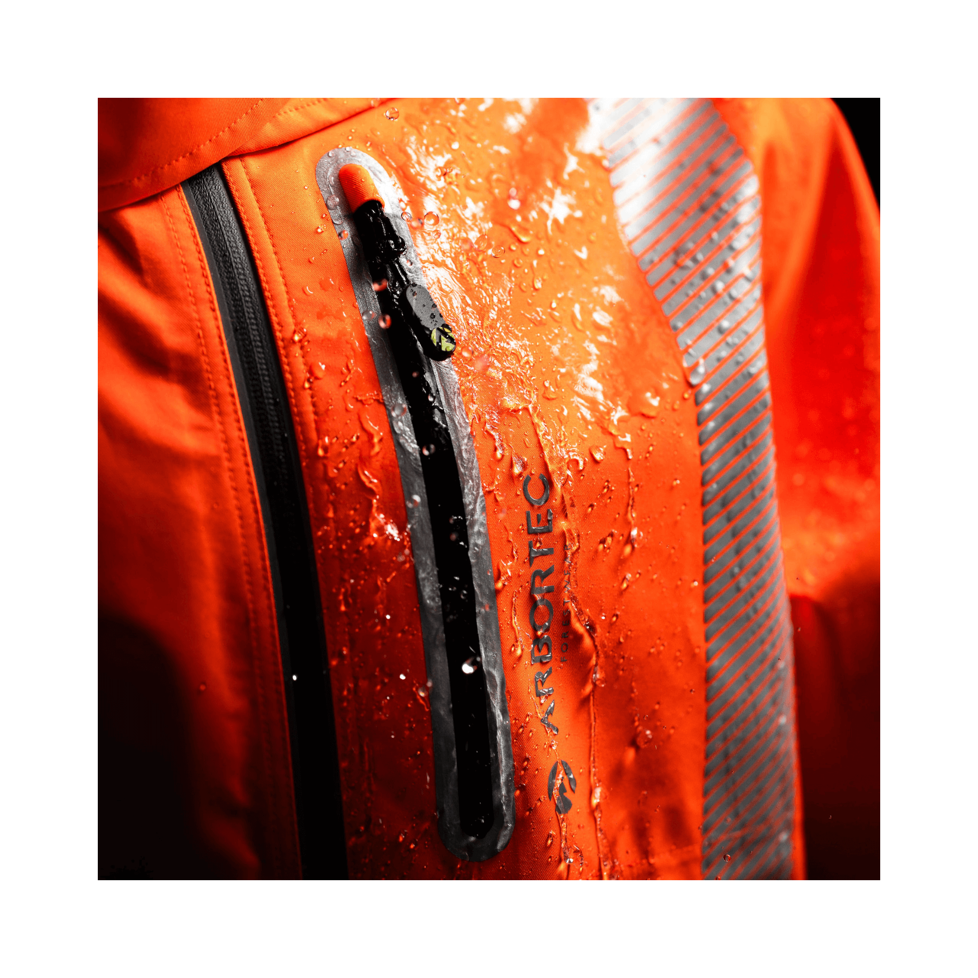 Full Zip Waterproof Work Jacket Hi-Vis Orange with water droplets on fabric showcasing waterproof features