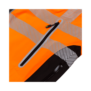 Full Zip Waterproof Work Jacket Hi-Vis Orange featuring reflective stripes and zippered pocket for maximum visibility.