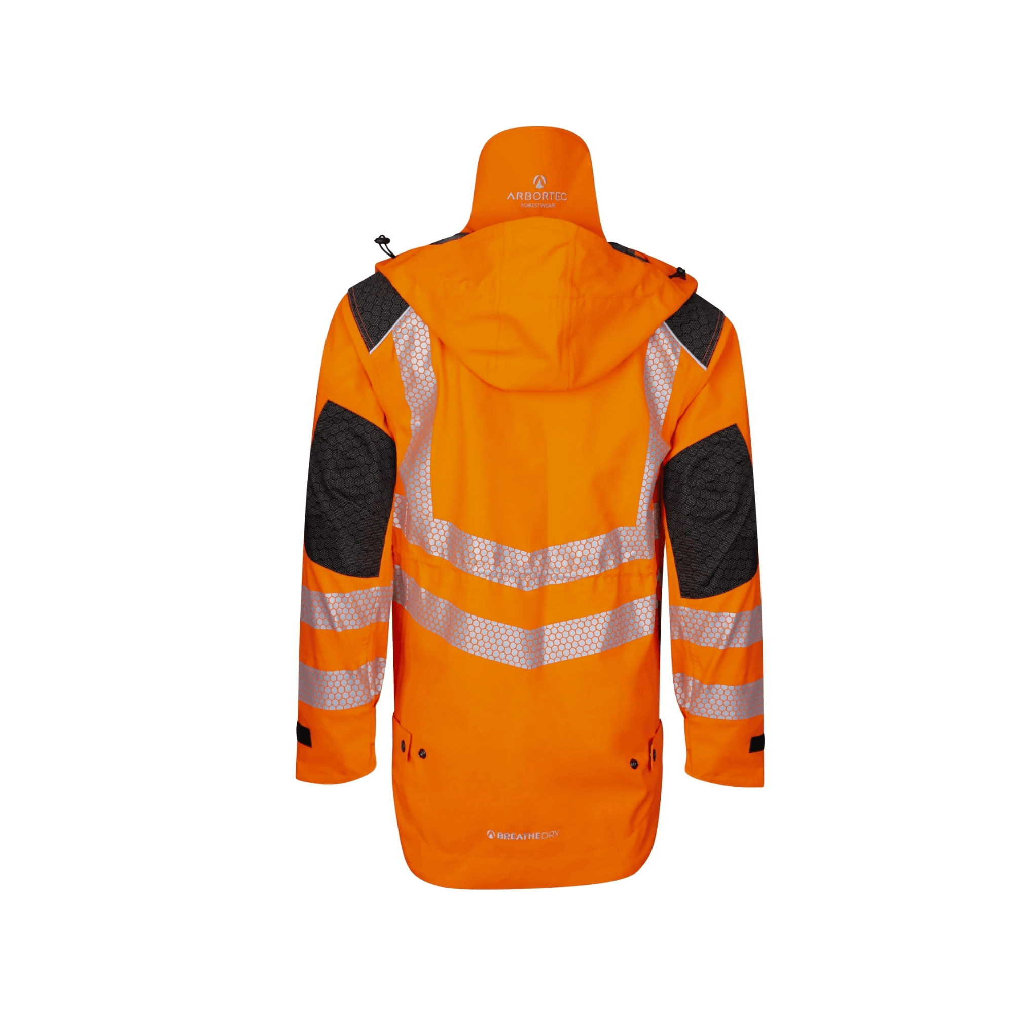 Heavy Duty Full Zip Waterproof Jacket Hi Vis Orange - rear view showing reflective stripes and hood.