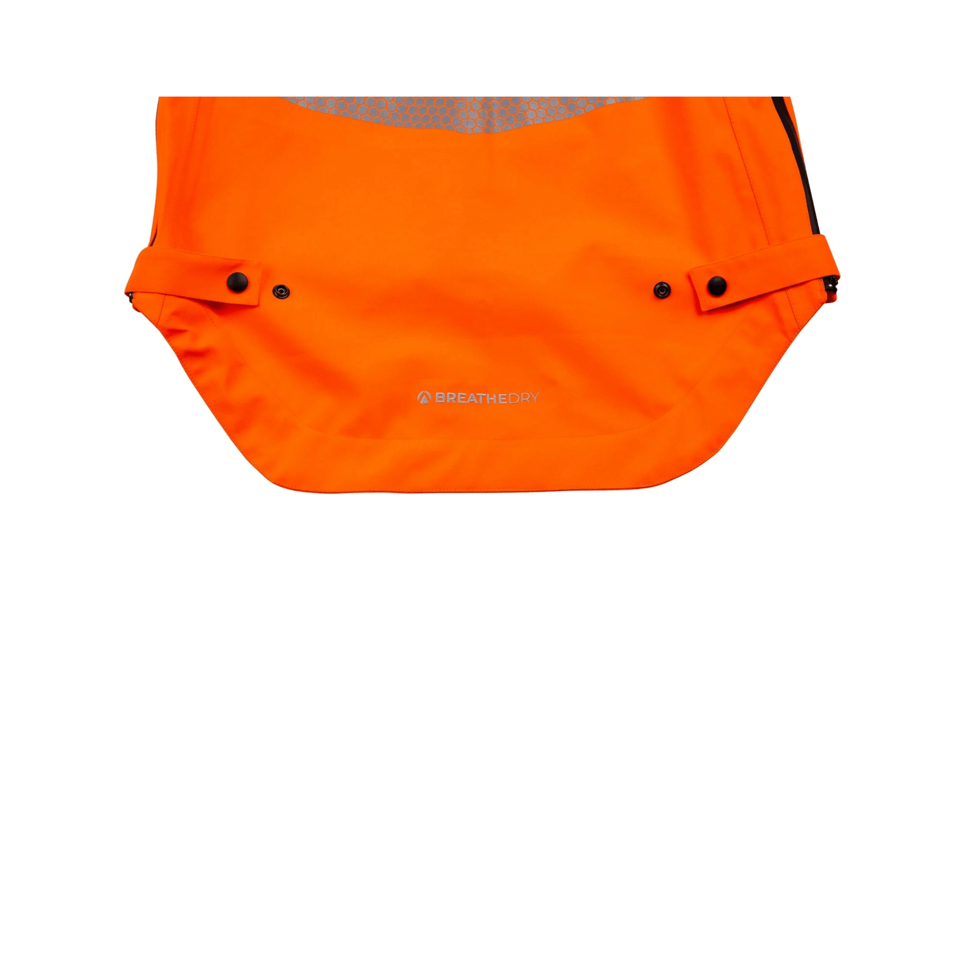 Heavy Duty Full Zip Waterproof Jacket Hi Vis Orange close-up showing BreatheDry logo and fabric details.