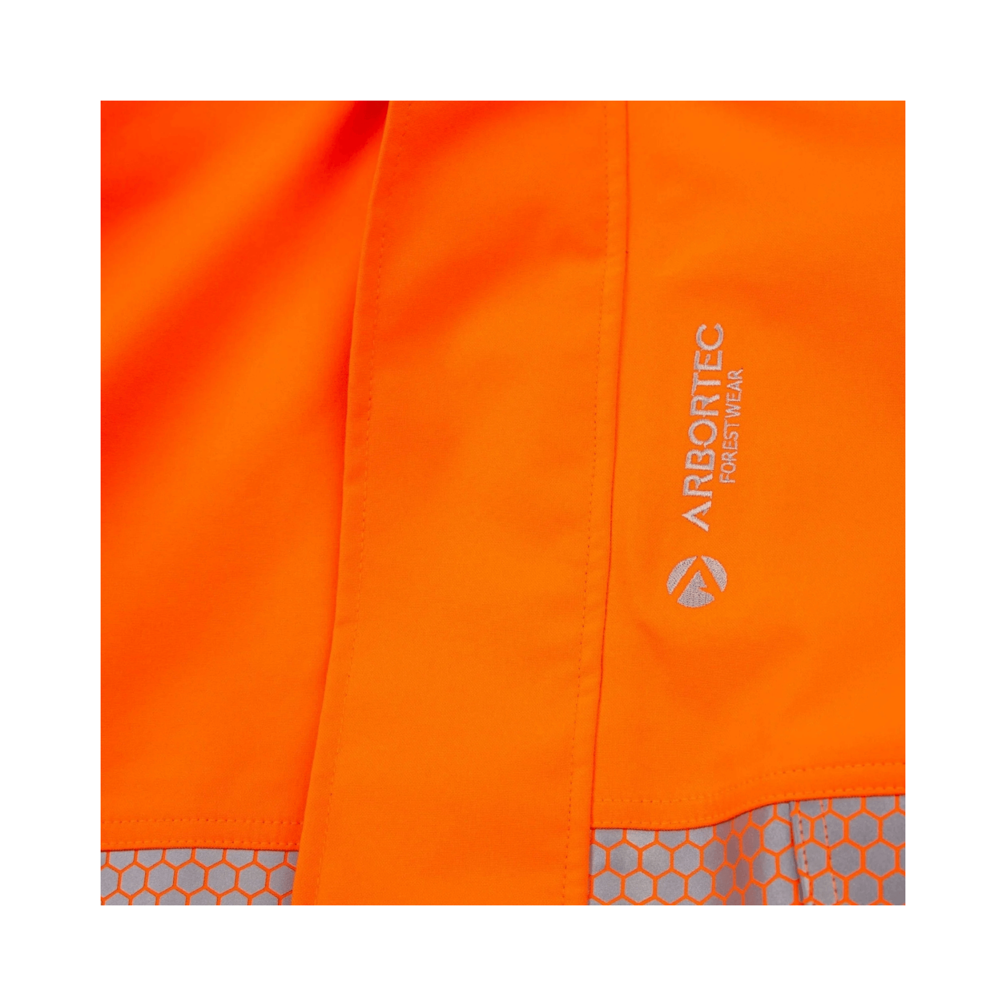 Heavy Duty Full Zip Waterproof Jacket Hi Vis Orange close-up detail of fabric and logo.