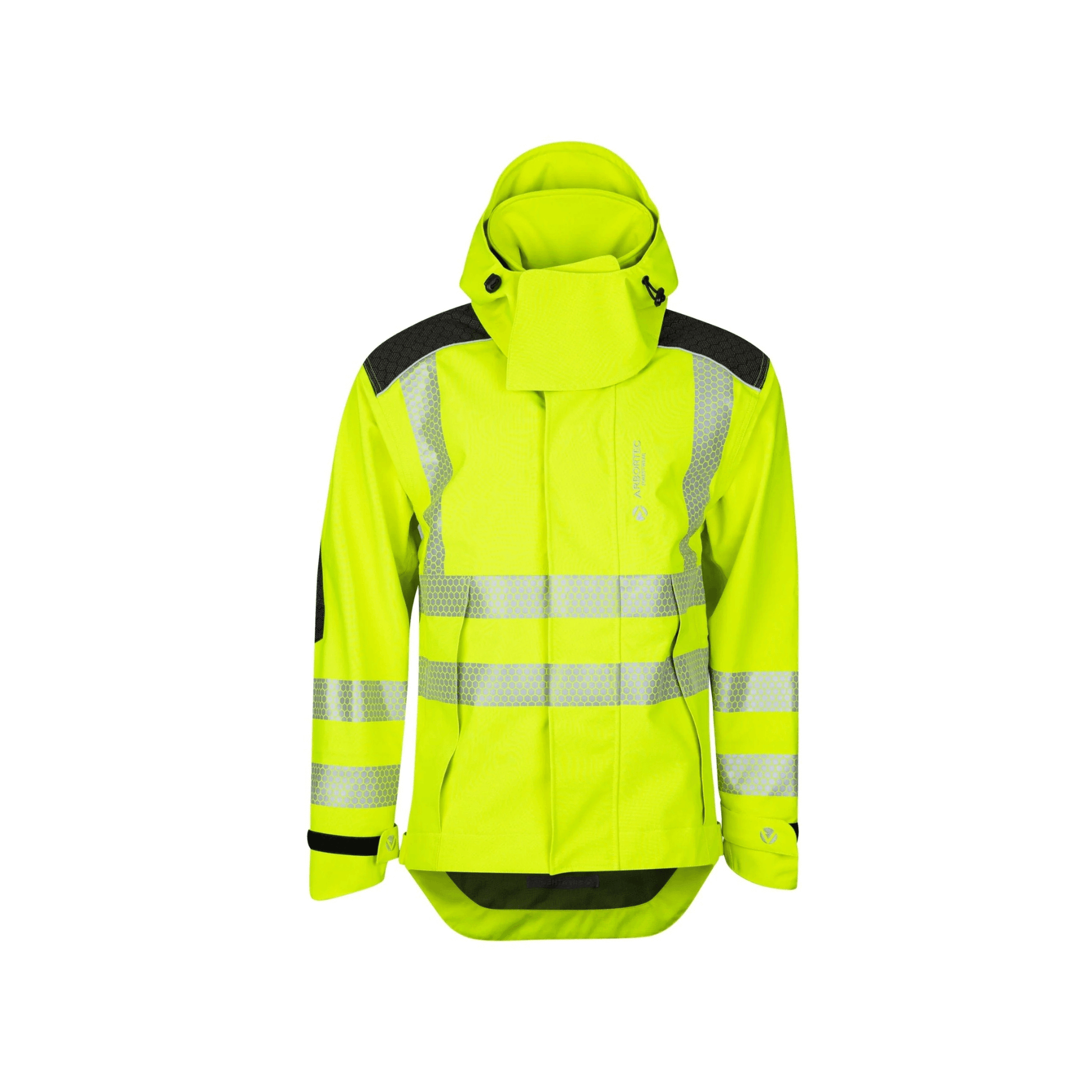Heavy Duty Full Zip Waterproof Jacket Hi Vis Yellow featuring reflective strips for safety and visibility in outdoor work.