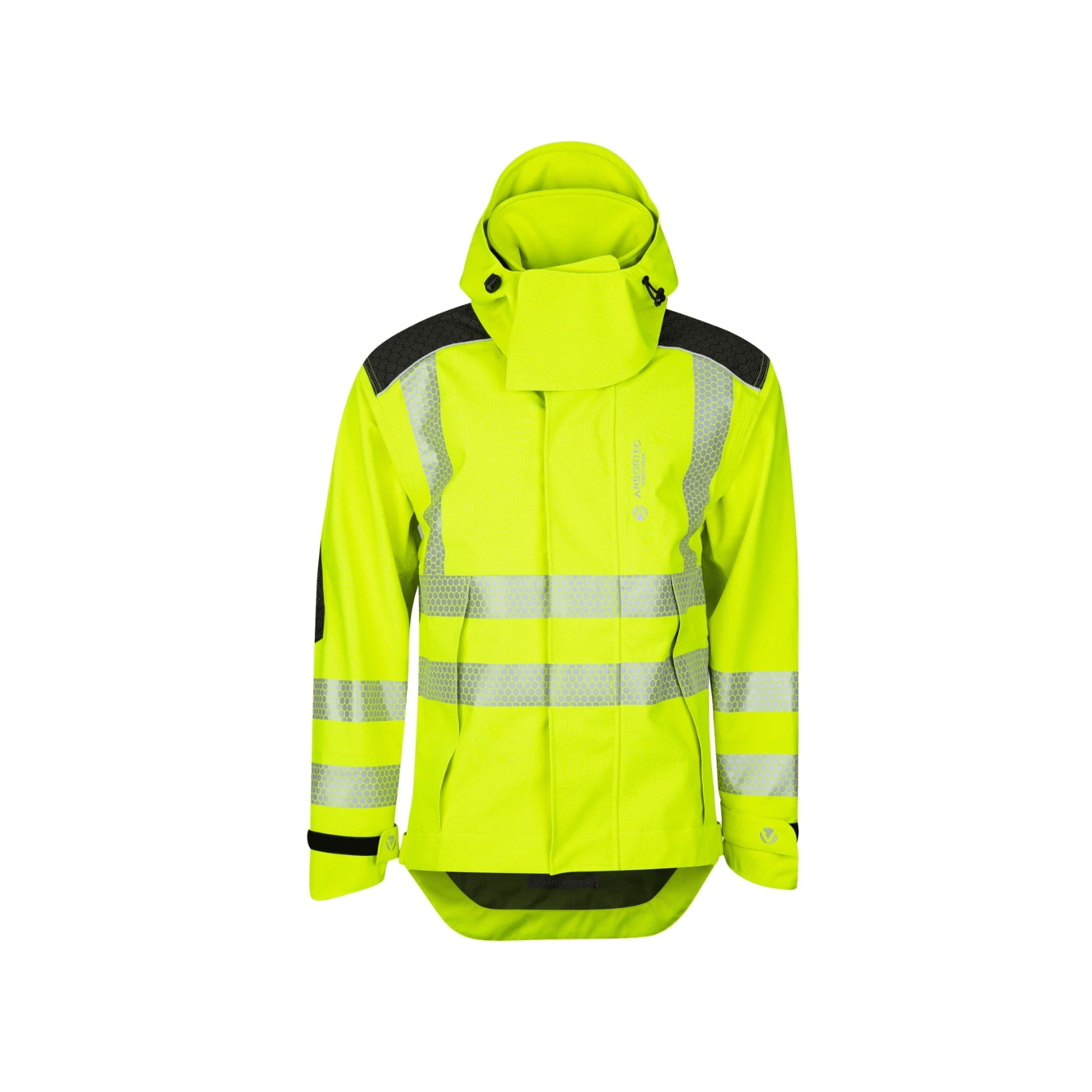 Heavy Duty Full Zip Waterproof Jacket Hi Vis Yellow featuring reflective strips for safety and visibility in outdoor work.