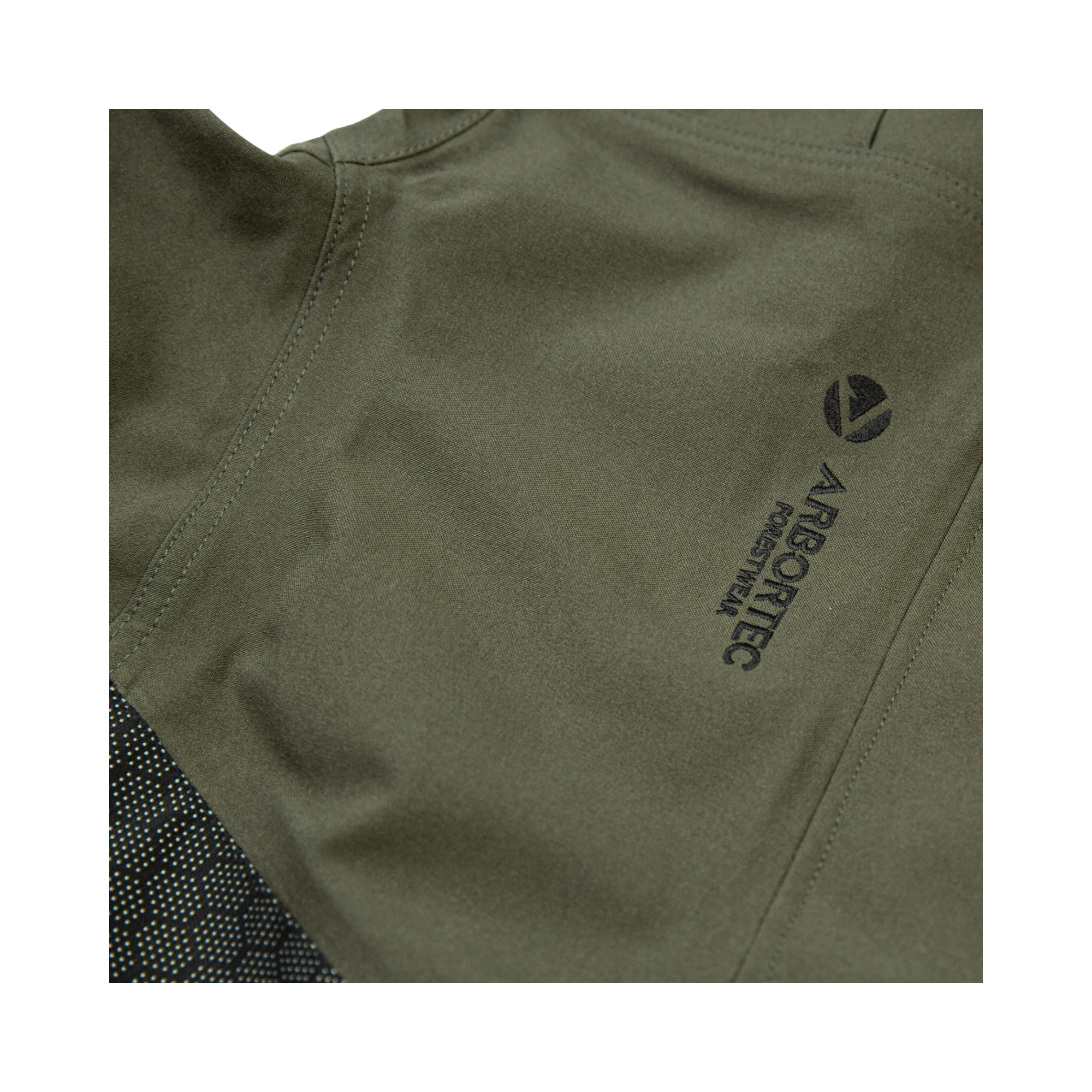 Heavy Duty Full Zip Waterproof Jacket Olive close-up showing Arbortec logo and fabric details.
