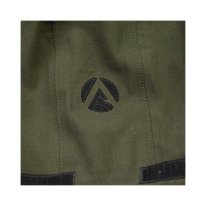 Close-up of logo on Heavy Duty Full Zip Waterproof Jacket Olive by Arbortec, showcasing durability and quality.
