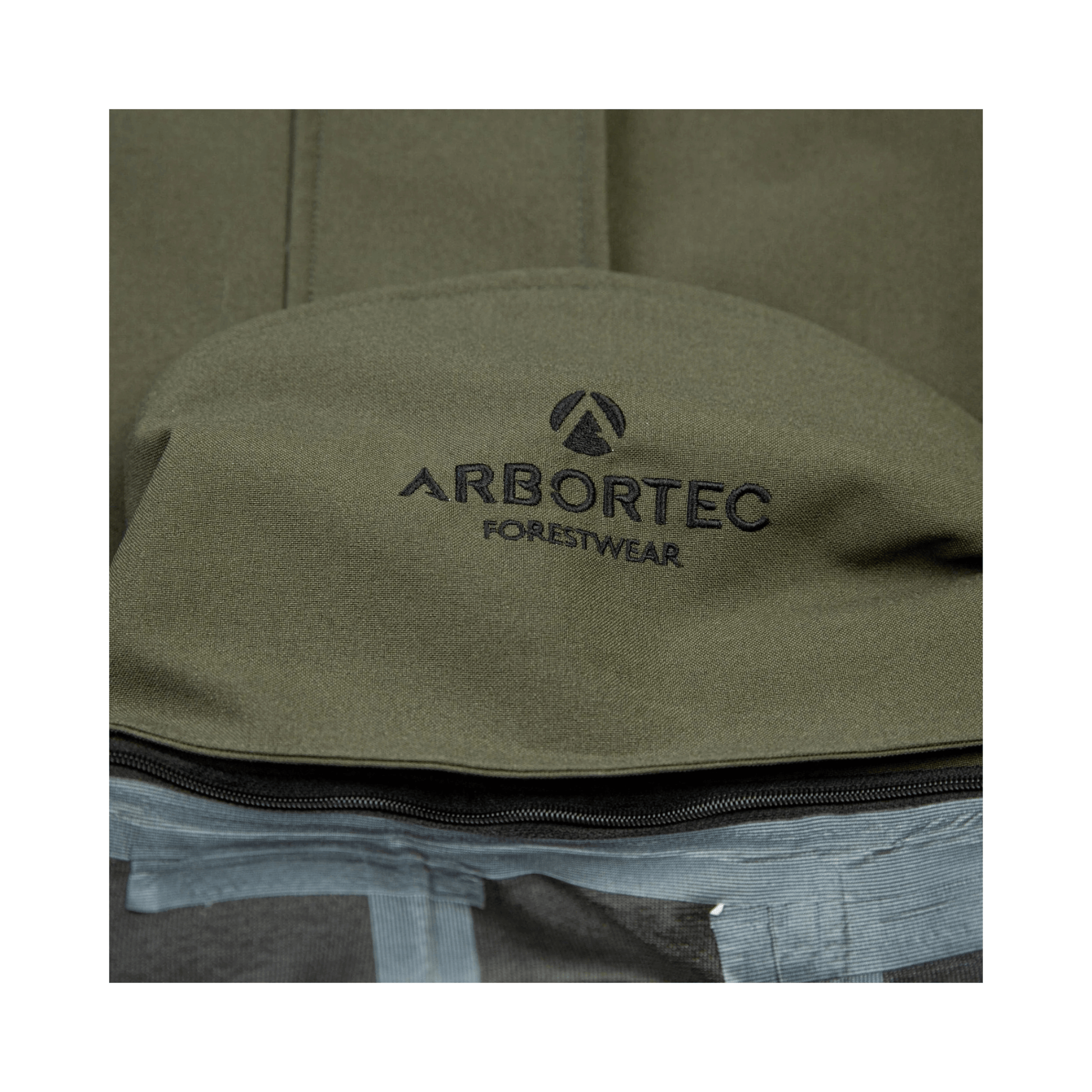 Arbortec logo on a Heavy Duty Full Zip Waterproof Jacket Olive, showcasing quality forestwear craftsmanship.