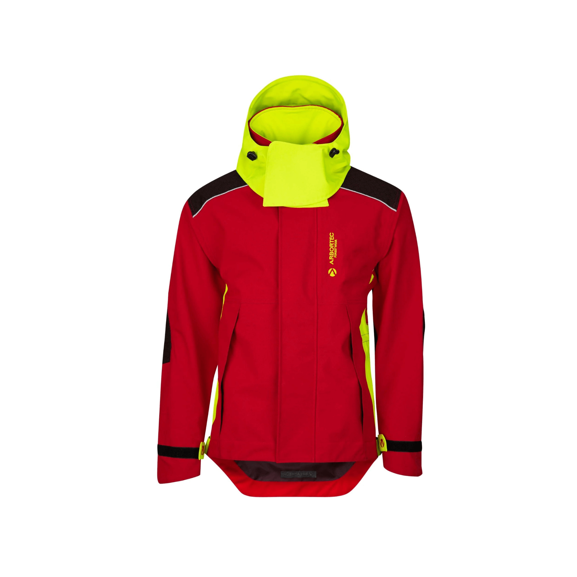 Heavy Duty Full Zip Waterproof Jacket Red with bright yellow hood and accents for enhanced visibility and protection.