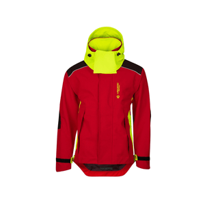 Heavy Duty Full Zip Waterproof Jacket Red with bright yellow hood and accents for enhanced visibility and protection.