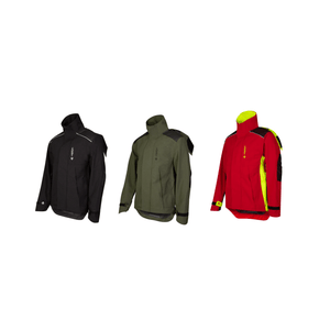 Heavy Duty Full Zip Waterproof Jacket in black, olive, and red colors for tree surgeons and arborists.