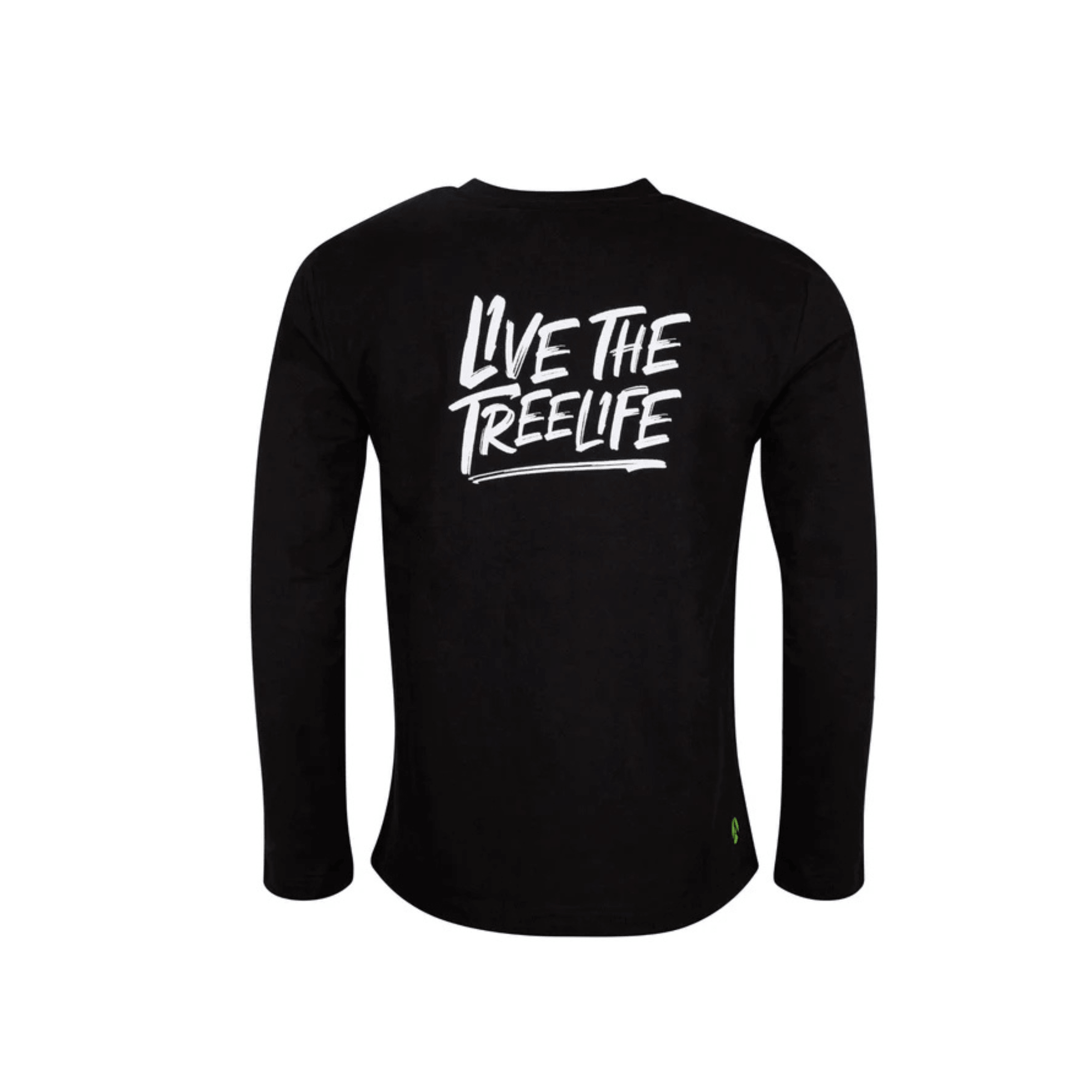 Long Sleeve T-Shirt Black with 'Live the Treelife' print on the back, ideal for tree surgeons and outdoor professionals.