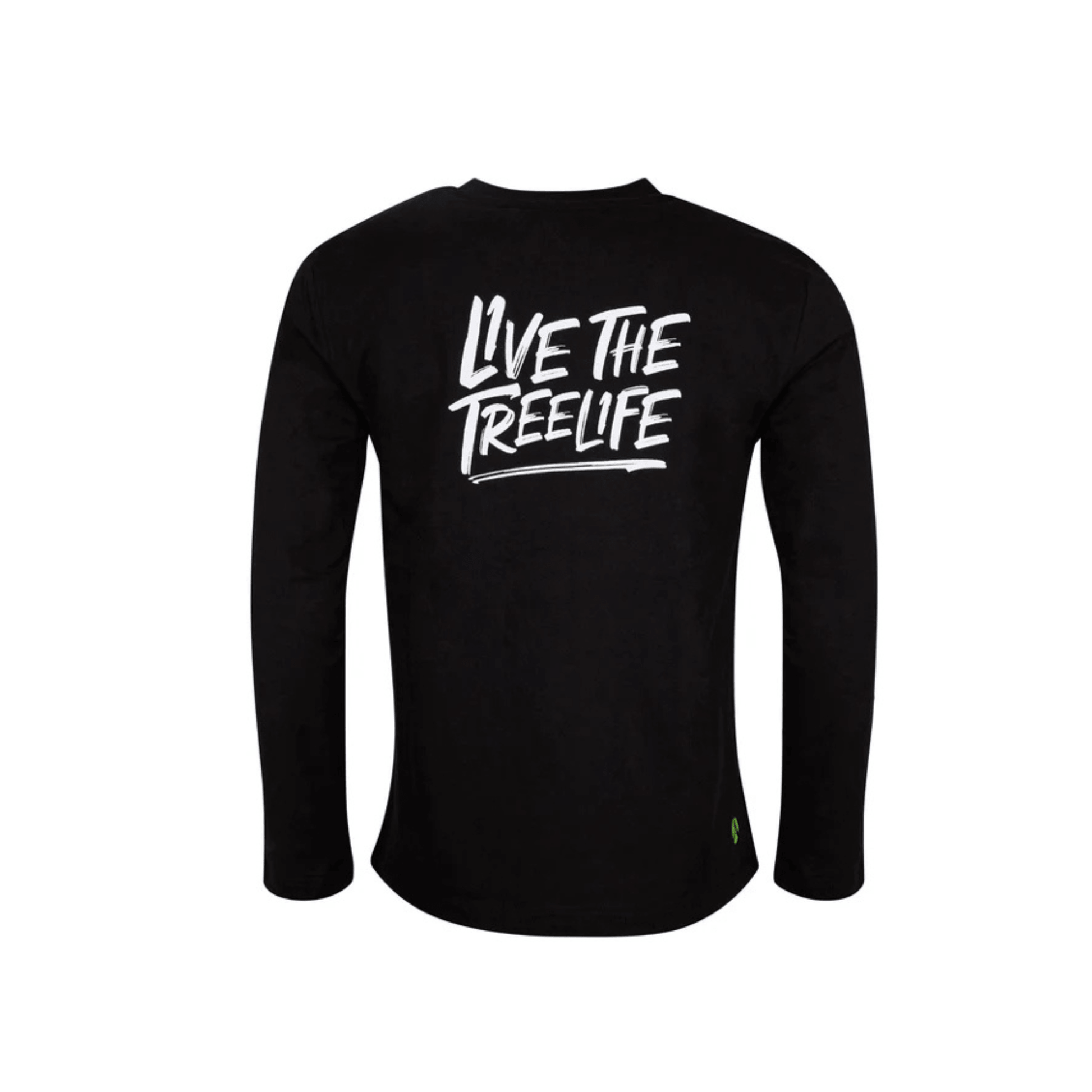 Long Sleeve T-Shirt Black with 'Live the Treelife' print on the back, ideal for tree surgeons and outdoor professionals.